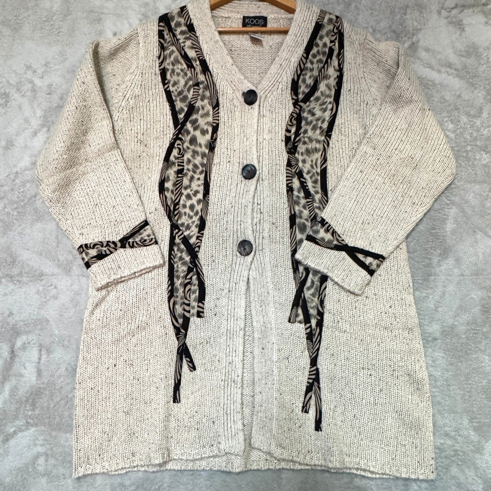 Vtg. Koos of Course! Beige‎ Silk Blend Chunky Knit Button Sweater Applique Large